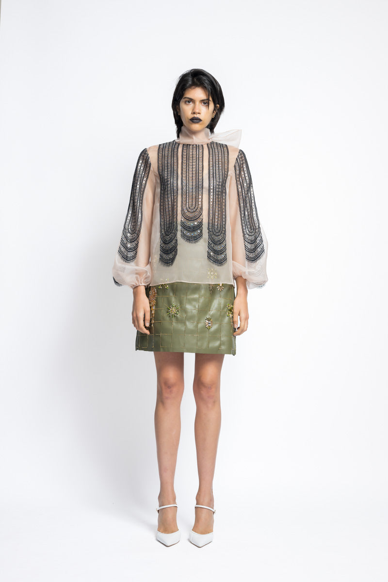 Metallic Nailhead Lace Applique Organza Blouse With Bow 2