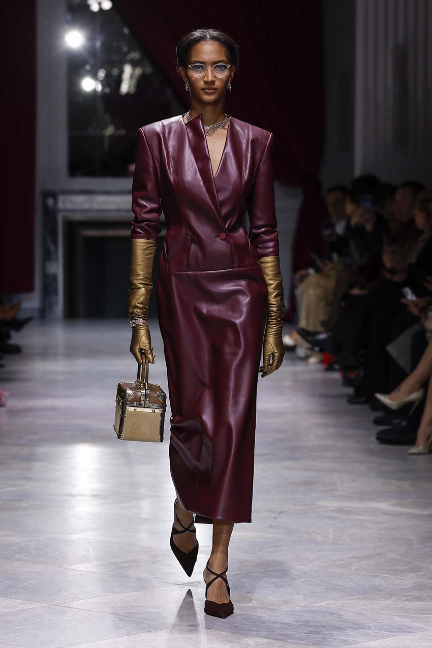 Claret Vegan Leather Blazer Dress Front Runway