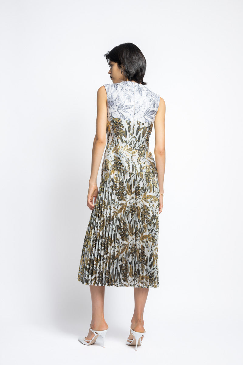Color Blocked Bay Leaf Jacquard Day Dress With Pleated Skirt 5