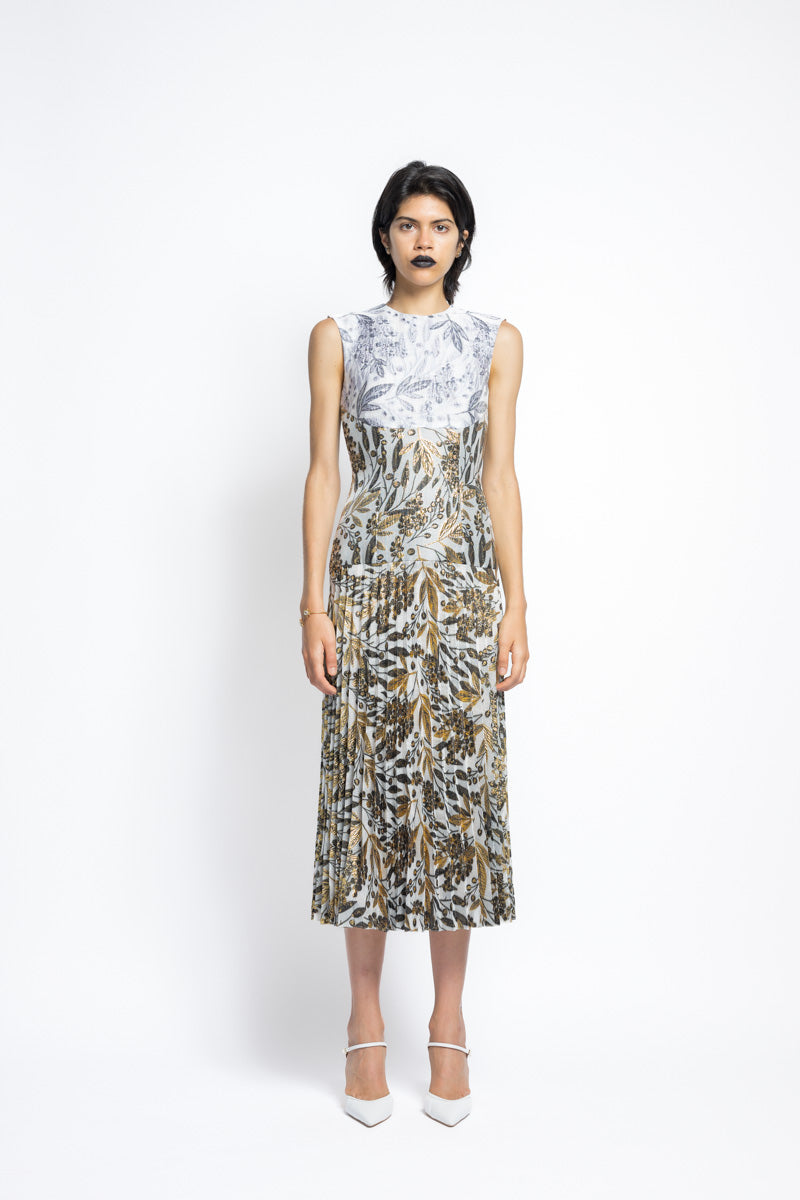 Color Blocked Bay Leaf Jacquard Day Dress With Pleated Skirt 2