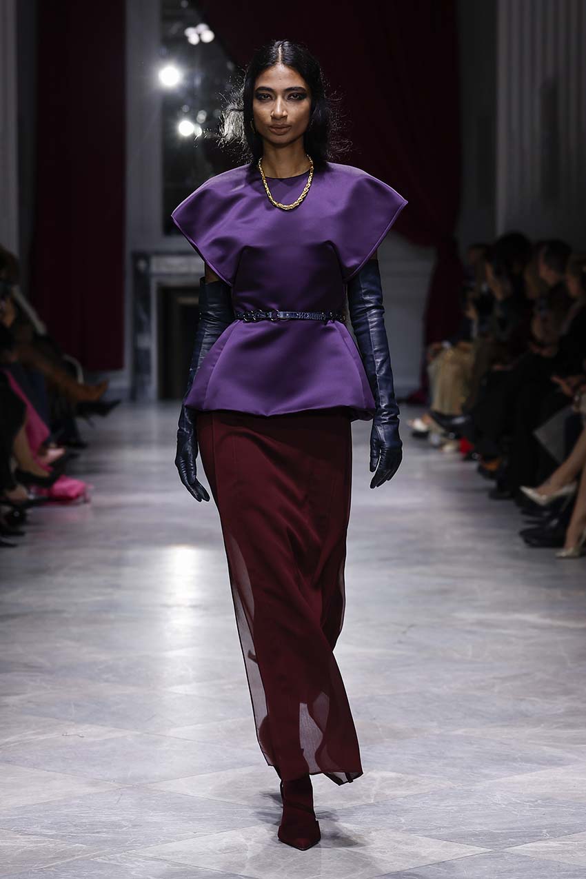 Claret Sheer Crepe Skirt with Panels Front Runway