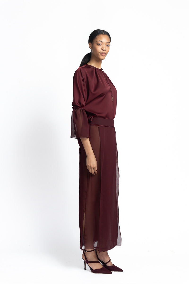 Claret Sheer Crepe Skirt with Panels Side One
