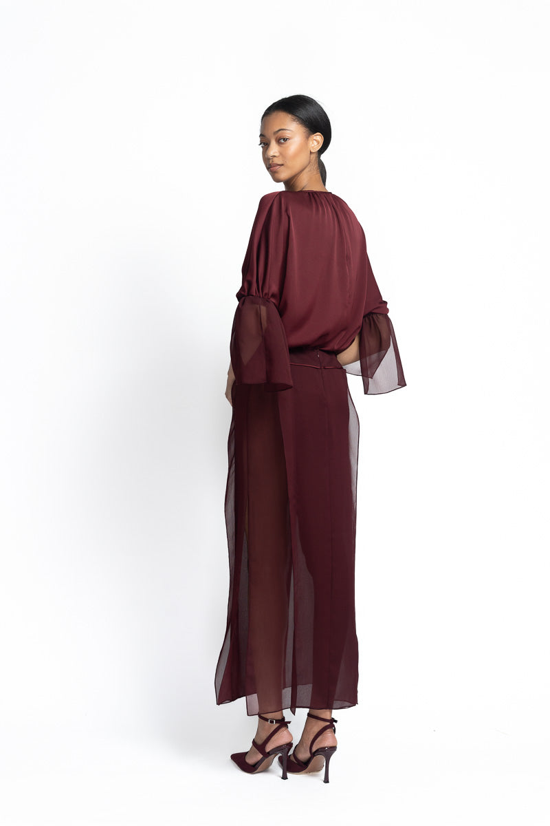 Claret Sheer Crepe Skirt with Panels Side Two