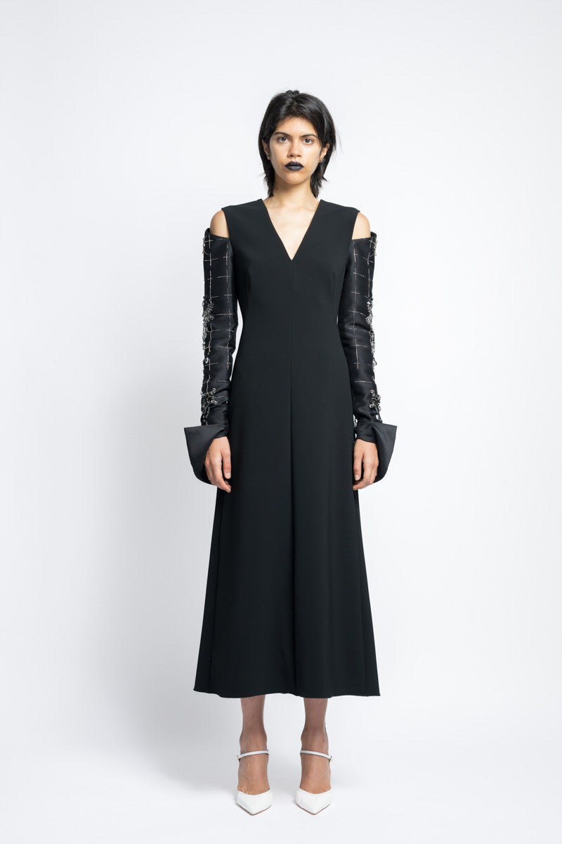 Crepe Cocktail Tunic Dress With Morning Glory Crystal Embroidery Gazar Sleeves 2