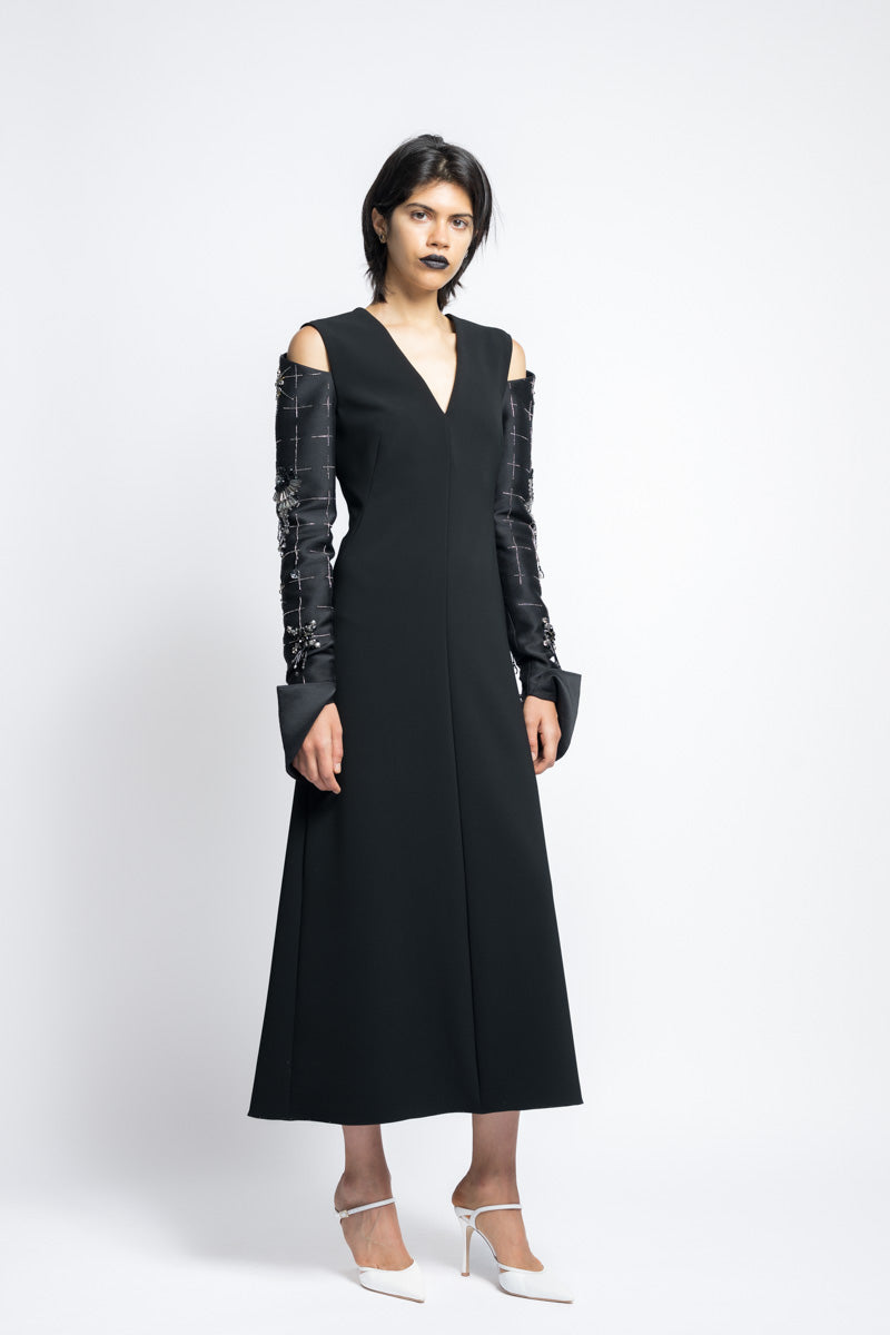 Crepe Cocktail Tunic Dress With Morning Glory Crystal Embroidery Gazar Sleeves 4