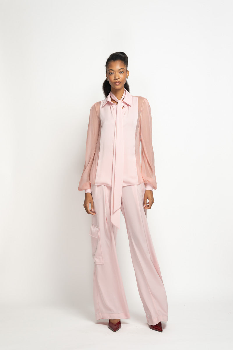 Blossom Pink Satin Crepe Tux-Blouse with Scarf 2