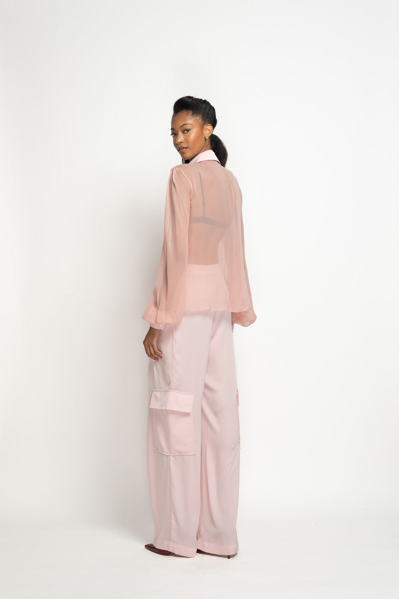 Blossom Pink Satin Crepe Tux-Blouse with Scarf 4