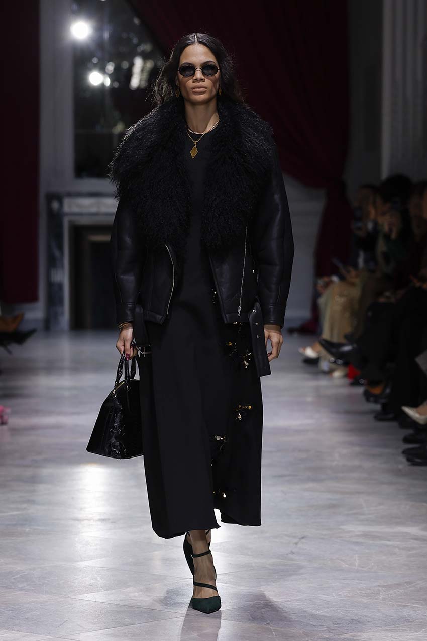 Onyx Cady Dress with Embroidered Padma Lace Applique Front Runway