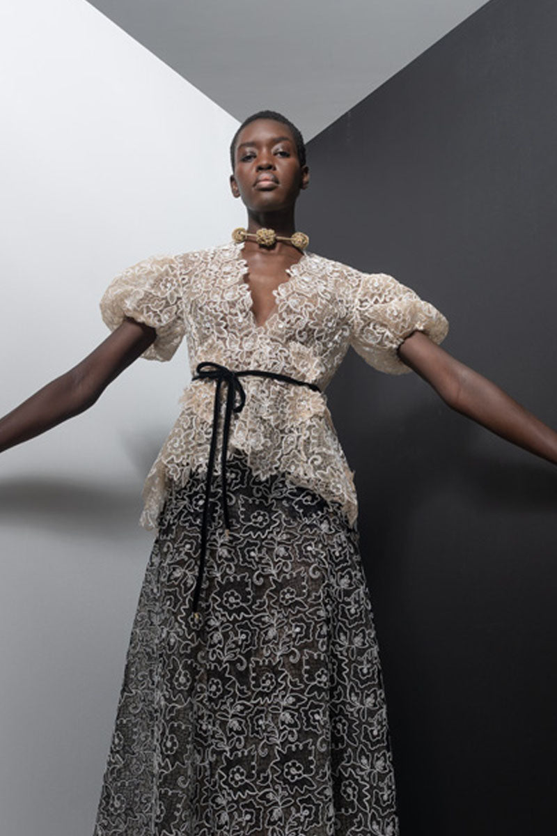 Light Sand V-Neck Belle Fleur Lace Top with Puff Sleeves