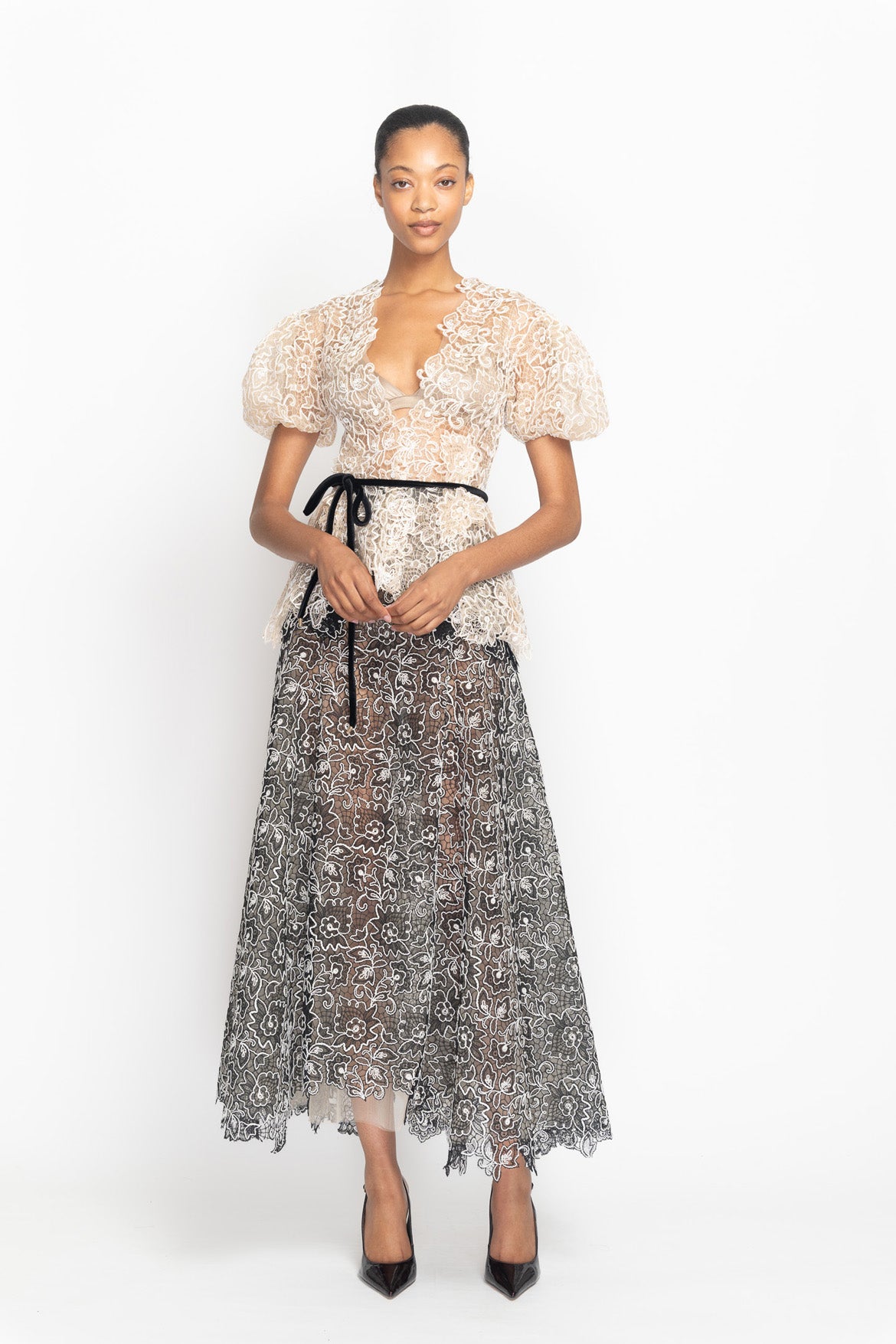Light Sand V-Neck Belle Fleur Lace Top with Puff Sleeves Front