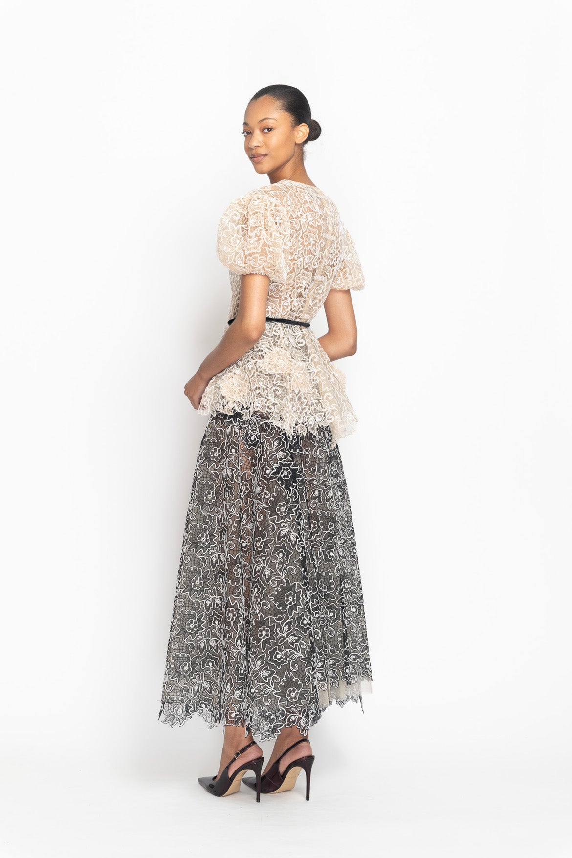 Light Sand V-Neck Belle Fleur Lace Top with Puff Sleeves Side Two