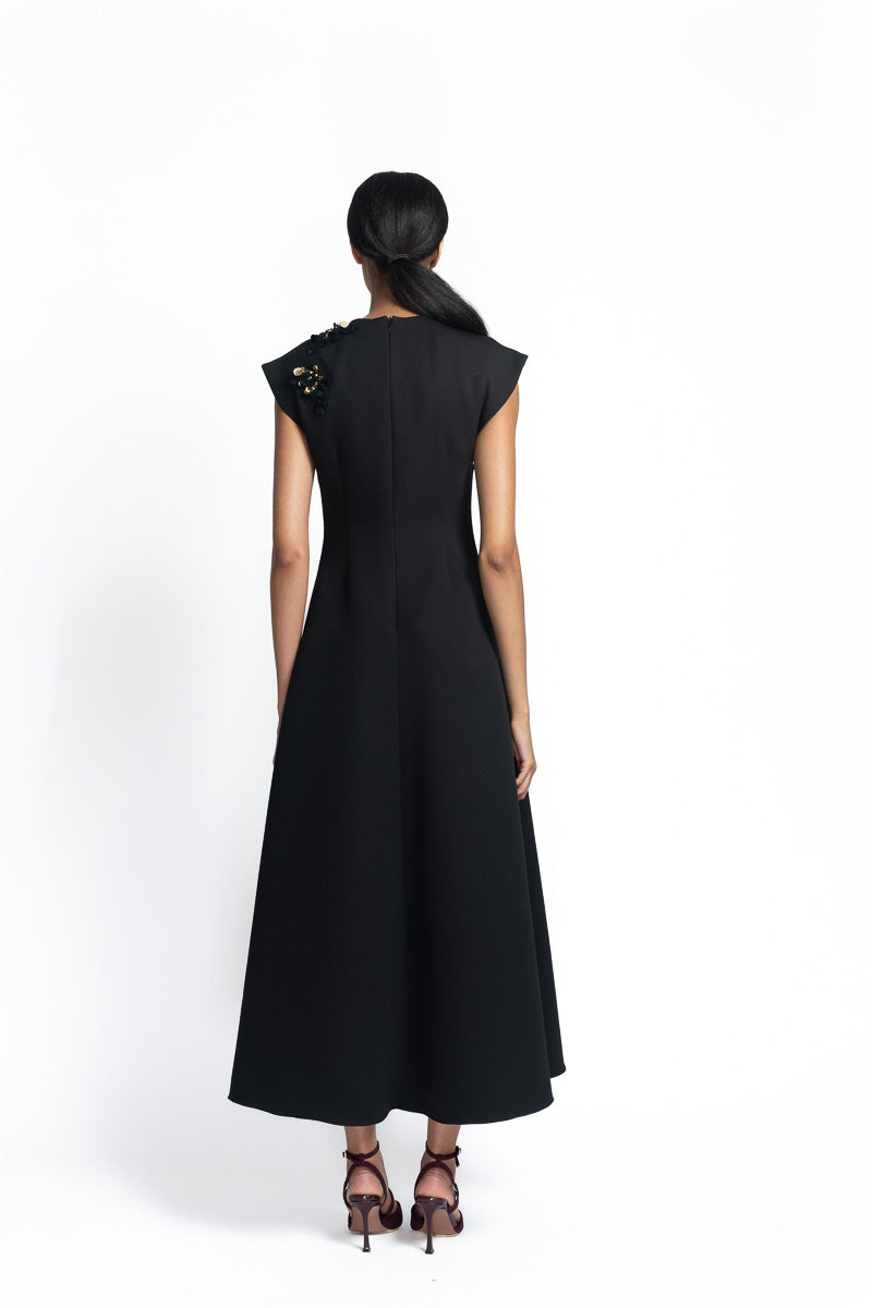 Onyx Cady Dress with Embroidered Padma Lace Applique Back