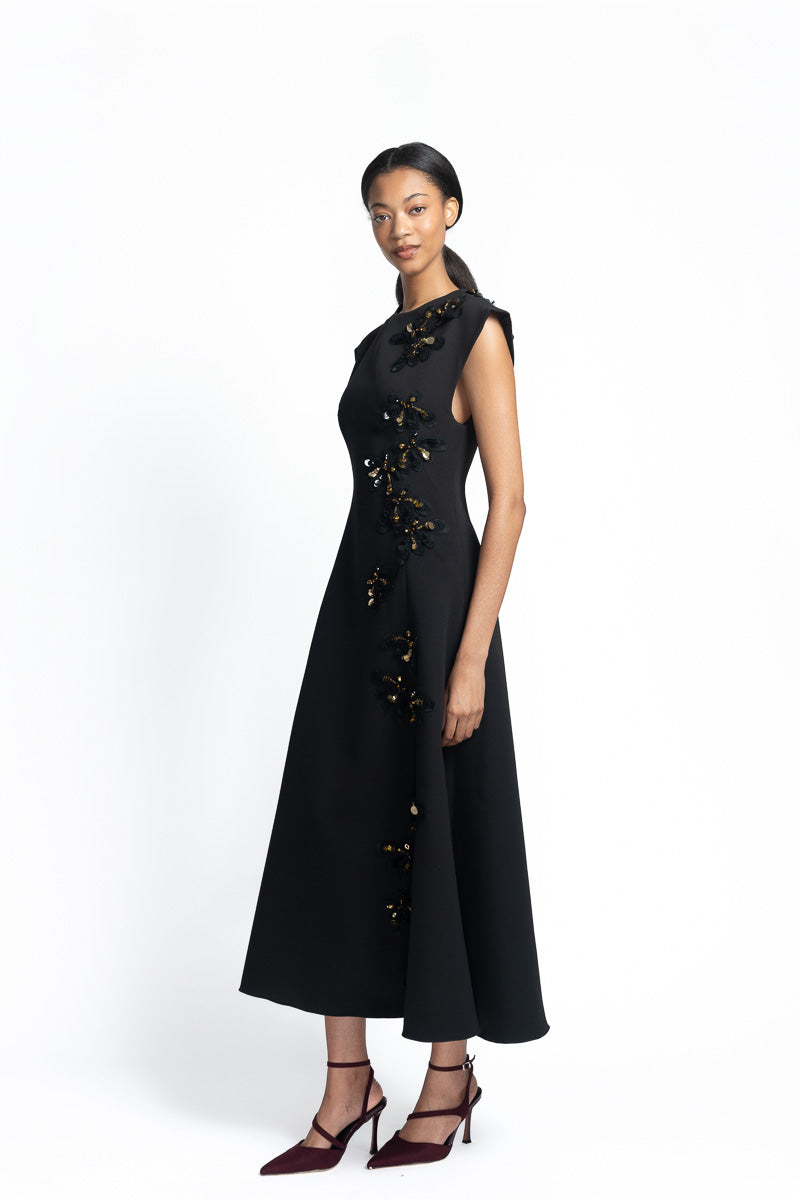 Onyx Cady Dress with Embroidered Padma Lace Applique Side One