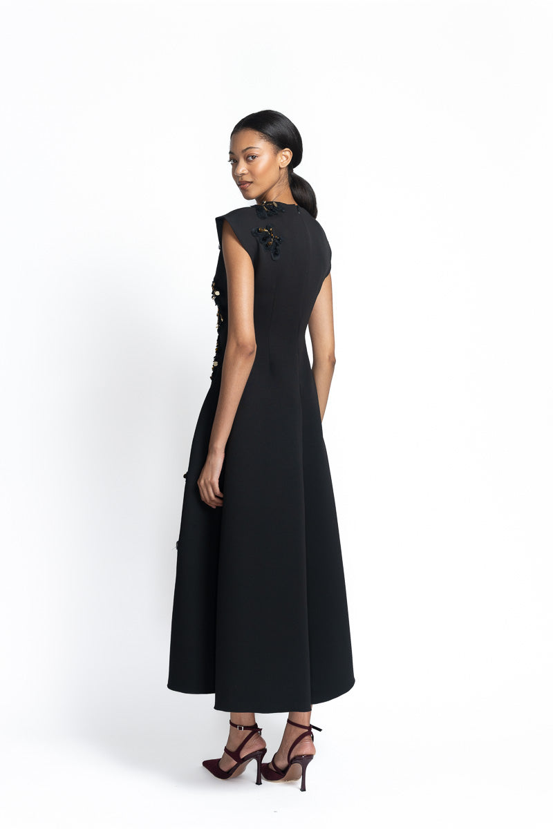 Onyx Cady Dress with Embroidered Padma Lace Applique Side Two