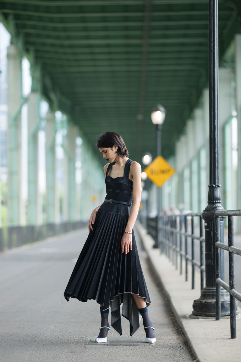 Supima Pleated Denim Dress With Sculpted Bodice 1