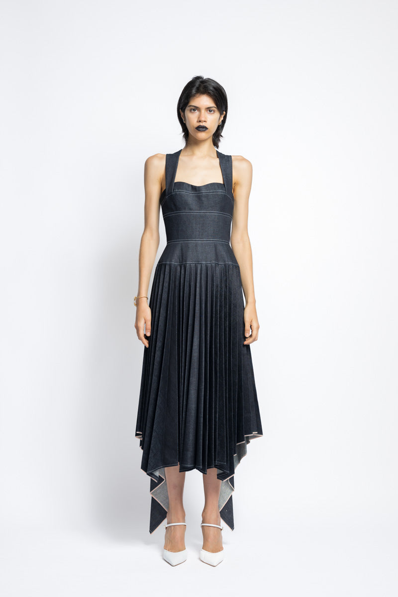 Supima Pleated Denim Dress With Sculpted Bodice 2