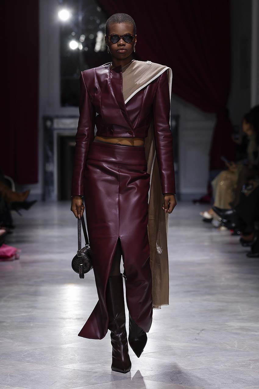 Claret Vegan Leather Petal Hem Skirt Front Runway