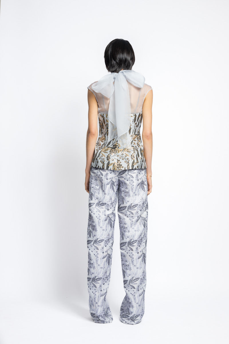 Bay Leaf Jacquard And Organza Top With Bow 4