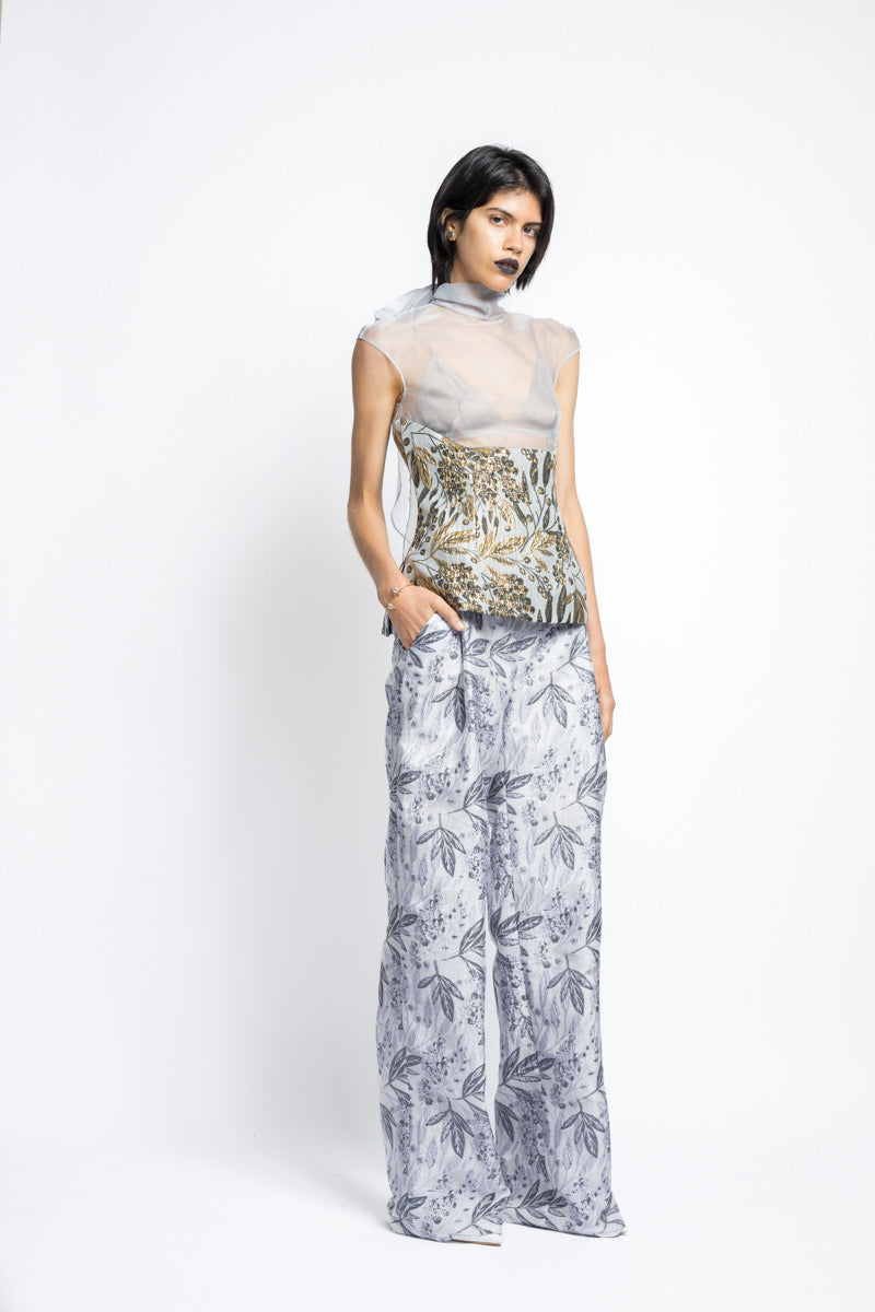 Bay Leaf Jacquard And Organza Top With Bow 3