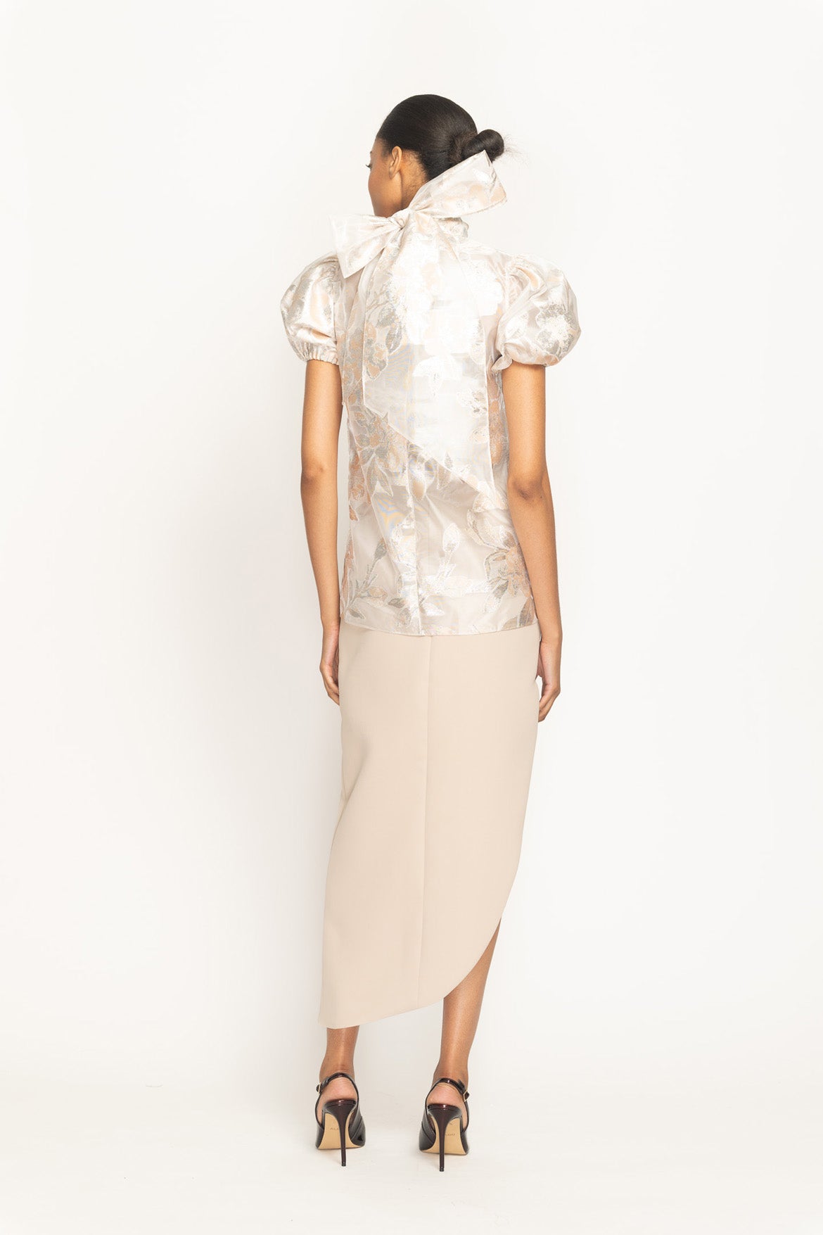 Botanical Organza Jacquard Puff Sleeve High Neck Top Back