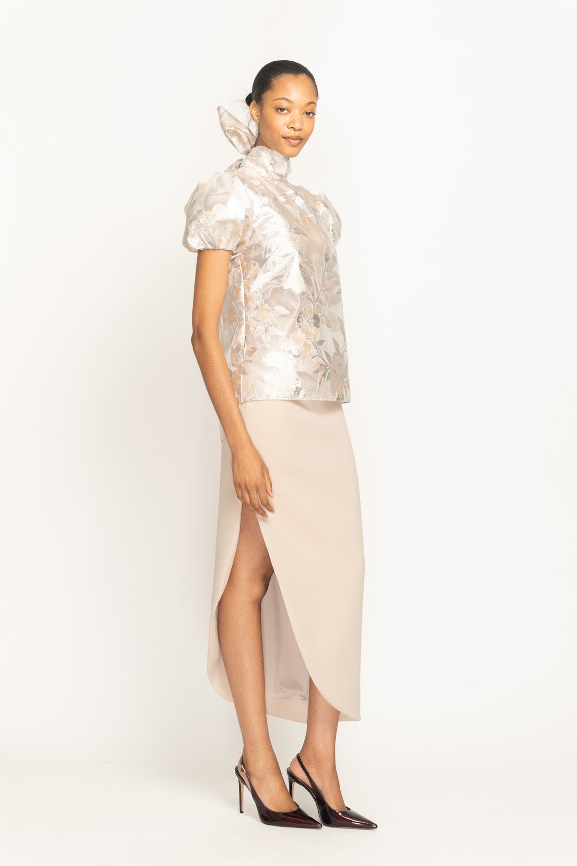 Botanical Organza Jacquard Puff Sleeve High Neck Top Side One