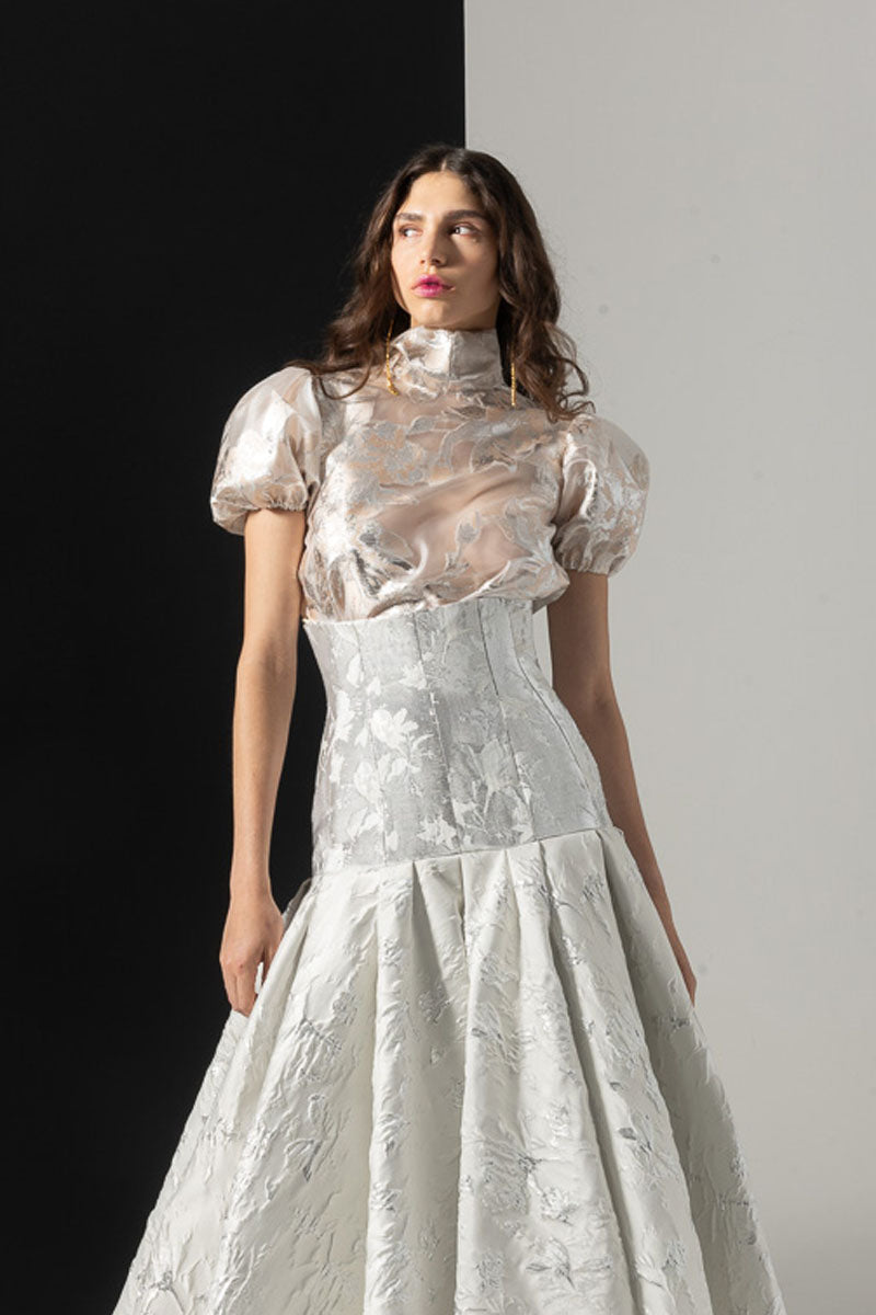 Botanical Organza Jacquard Puff Sleeve High Neck Top