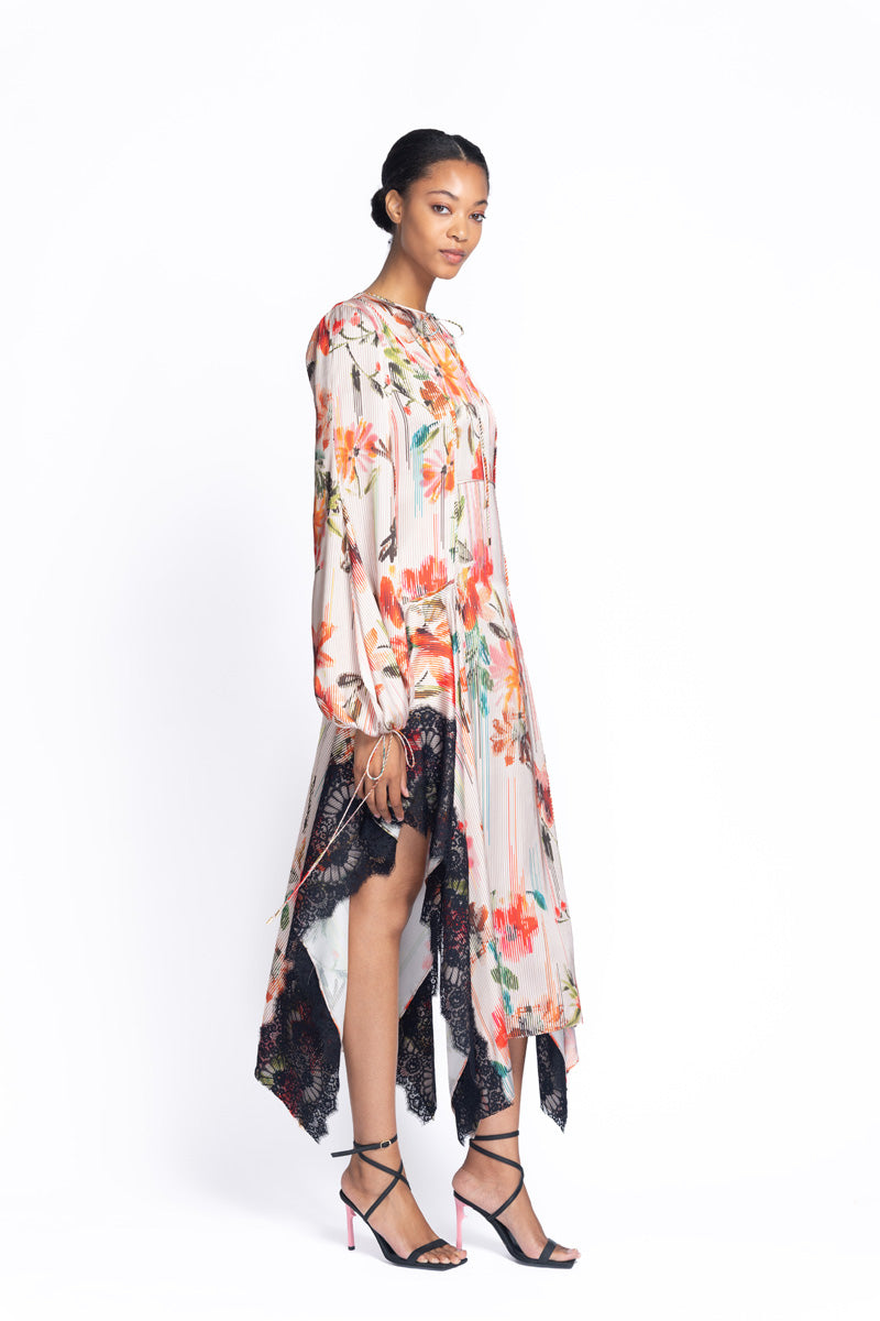 Luisa Print Twill Dress with Onyx Chantilly Lace Edging 3