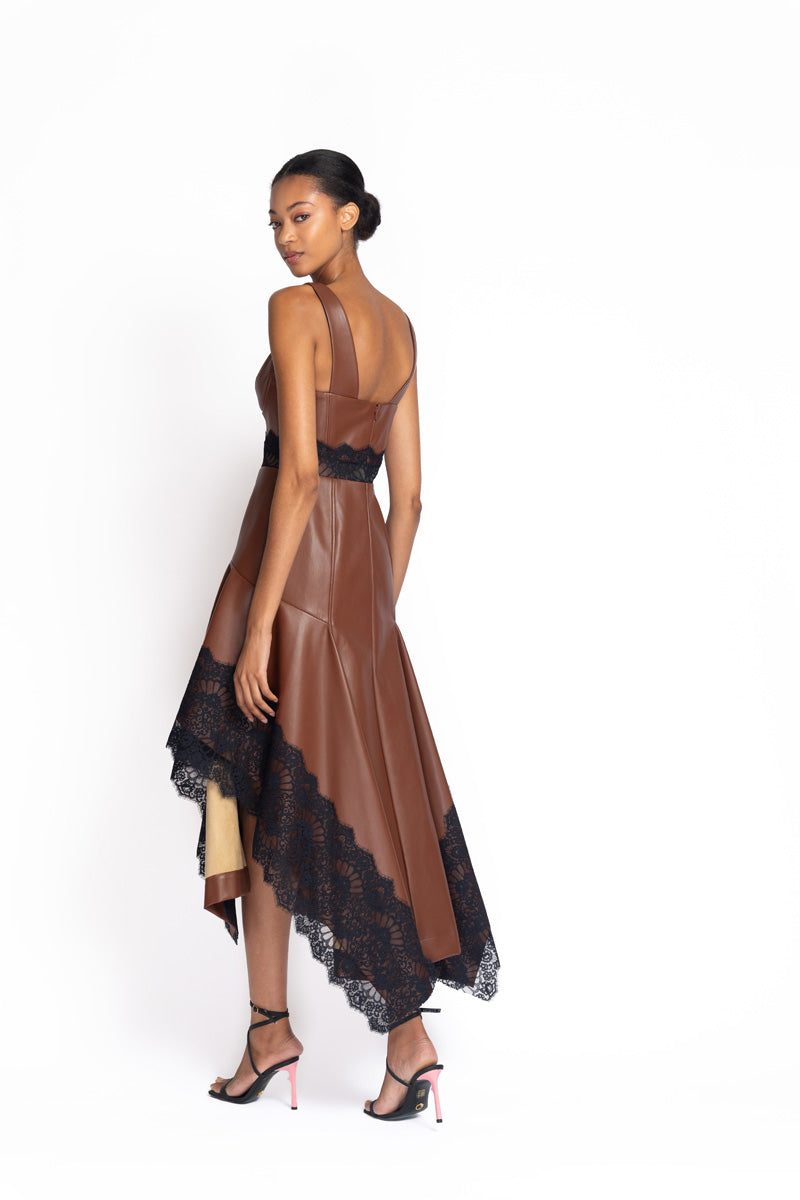 Teak Vegan Leather Dress with Onyx Chantilly Lace Edging 4