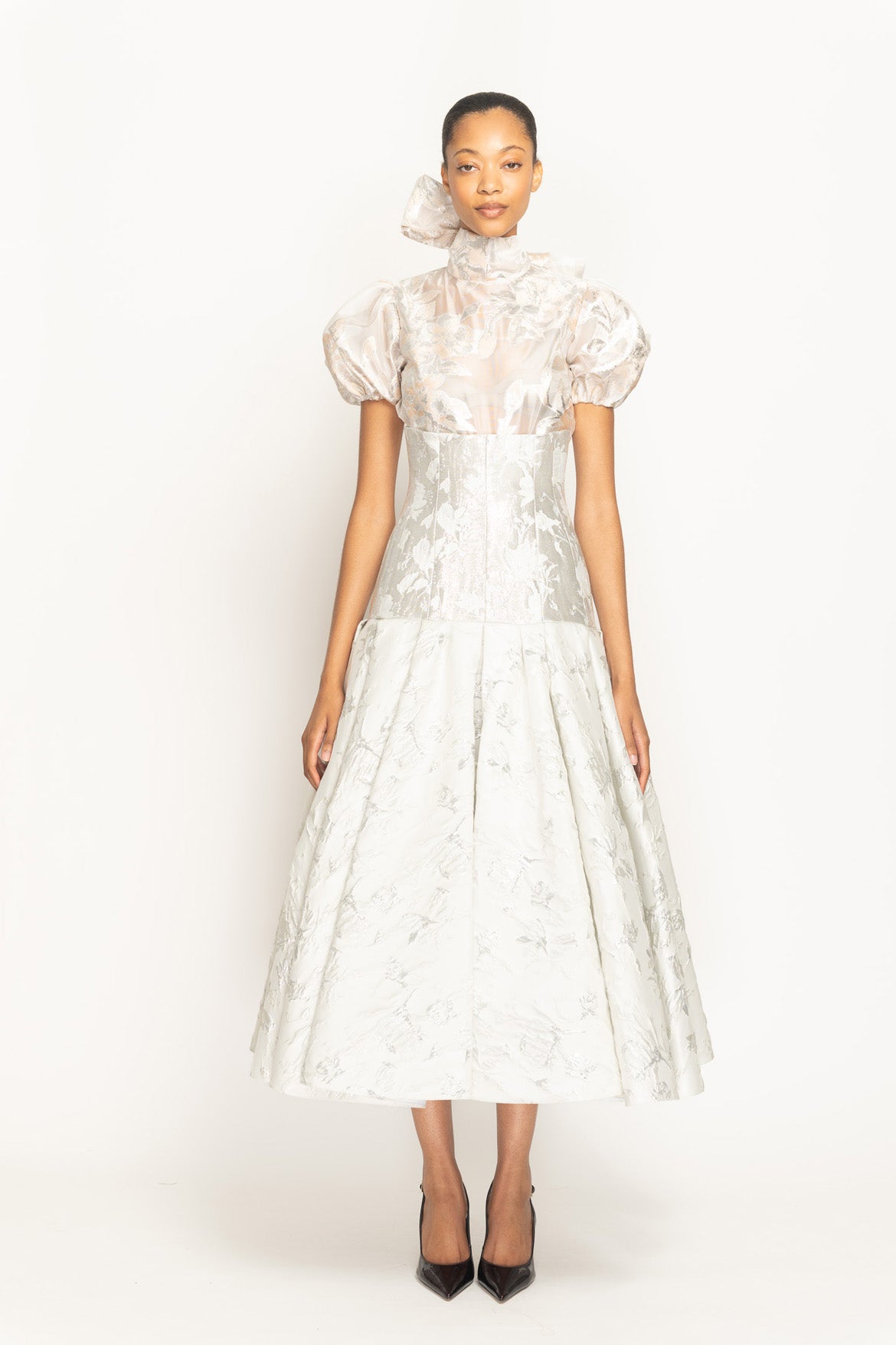 Whisper Bloom Jacquard Drop-Waist Pleated Swing Skirt Front
