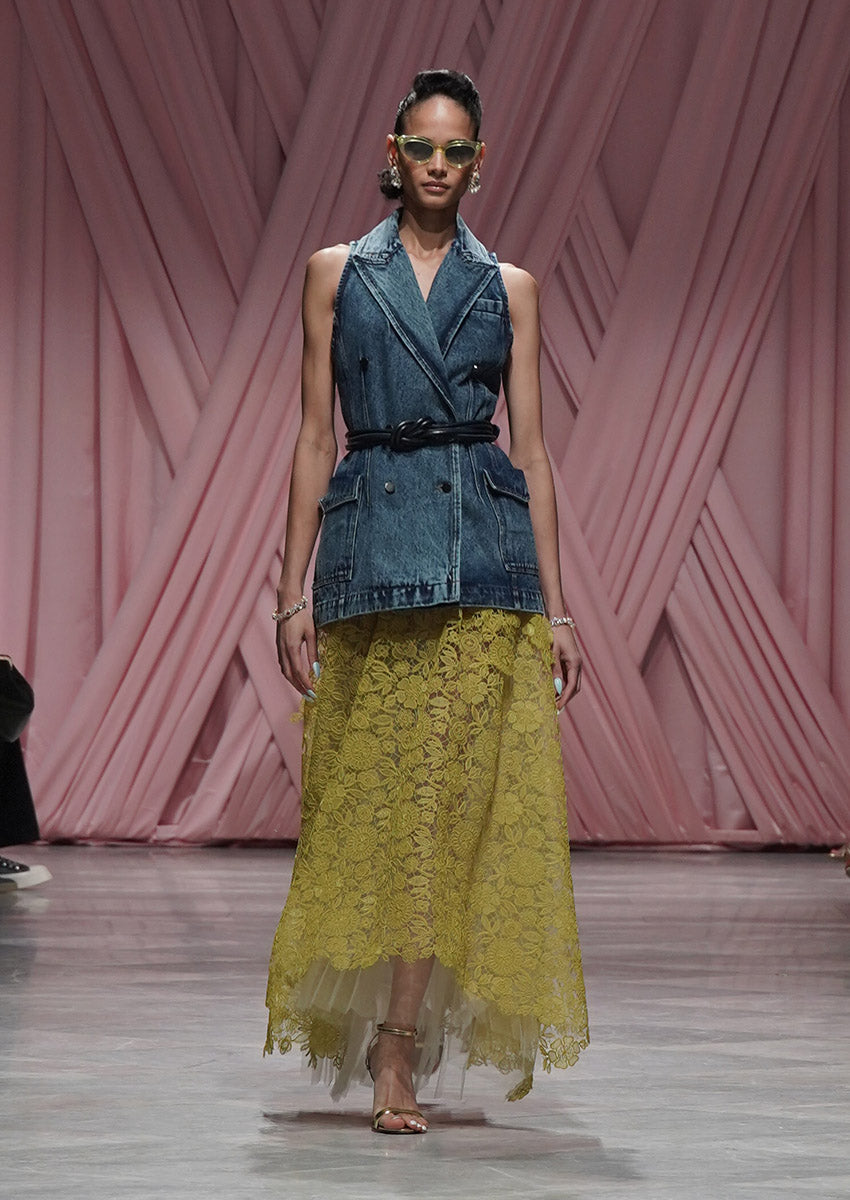 Chartreuse Smita Lace Skirt and Pleated Tulle Midi Skirt 1
