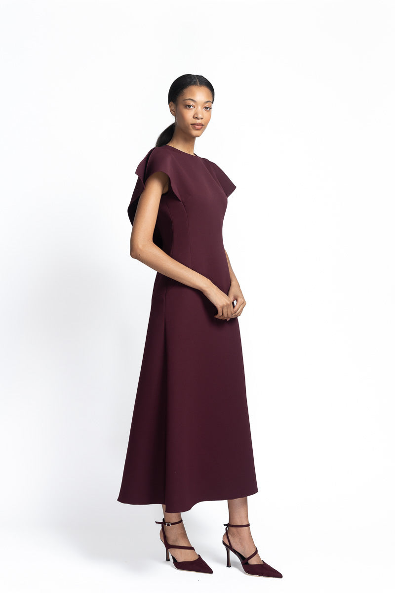 Claret Cady Dress with Wing-Back Detail Side One