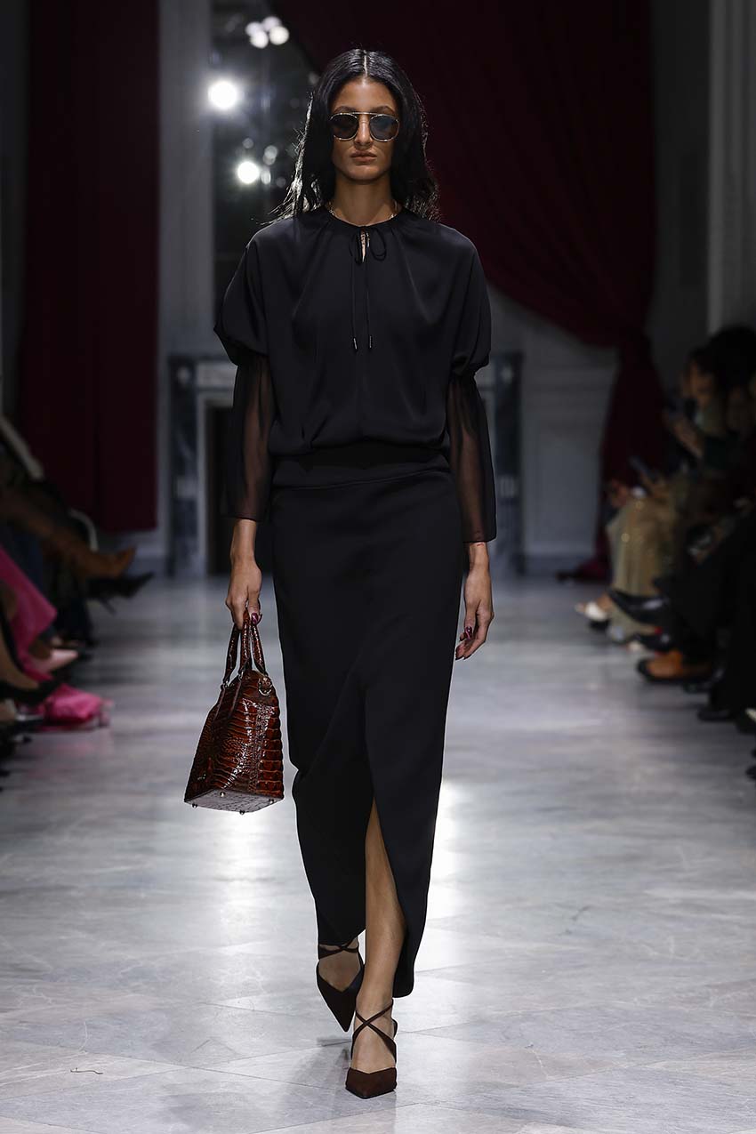 Onyx Satin Crepe and Cady Dress with Petal Hem Front Runway