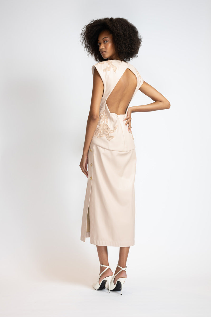 Buff Vegan Leather Sheath Dress With Nomad Lace Applique And Open Back 4