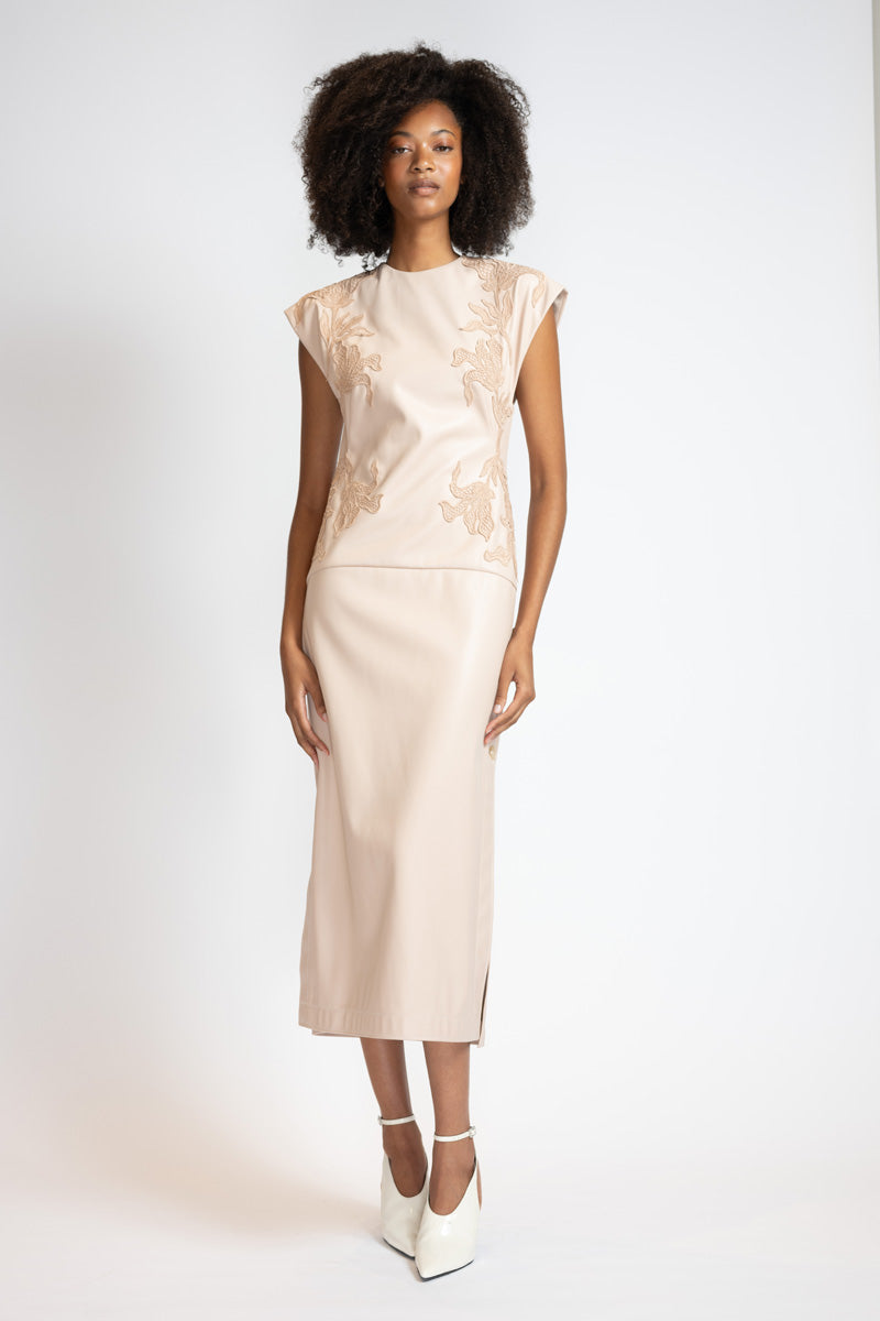 Buff Vegan Leather Sheath Dress With Nomad Lace Applique And Open Back 1