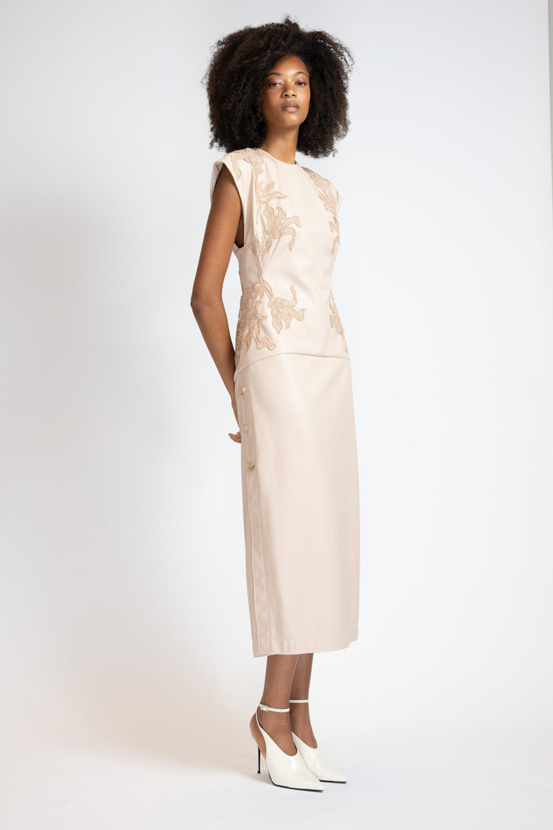 Buff Vegan Leather Sheath Dress With Nomad Lace Applique And Open Back 3