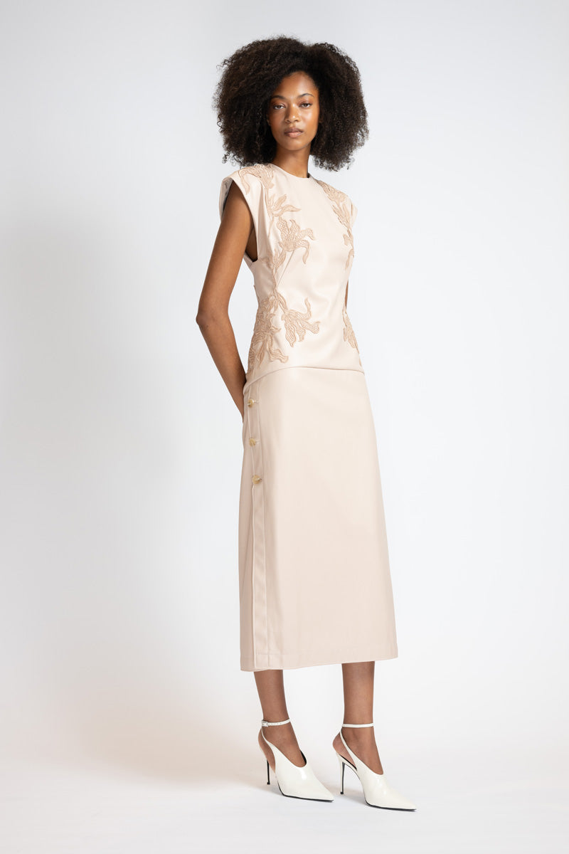 Buff Vegan Leather Sheath Dress With Nomad Lace Applique And Open Back 2