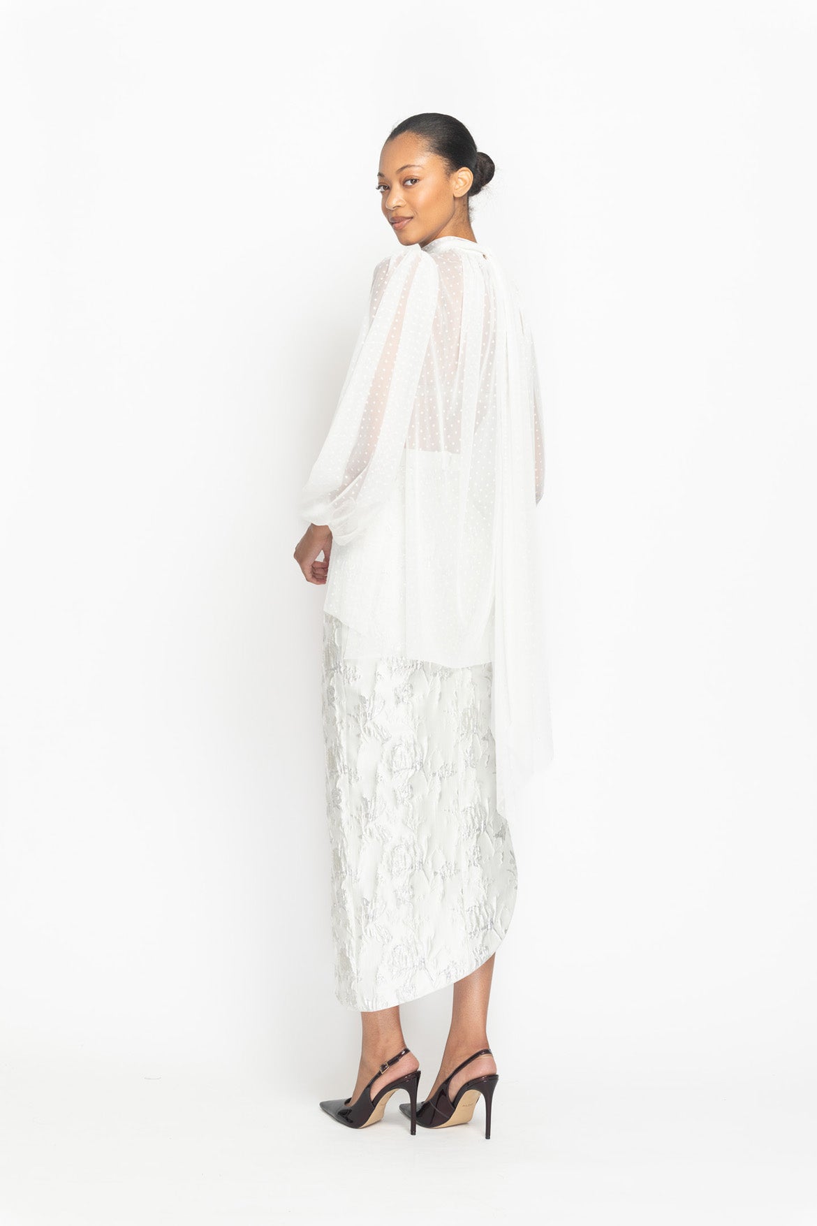 Ivory Point d’Esprit Blouse with Neck Tie Detail Side Two