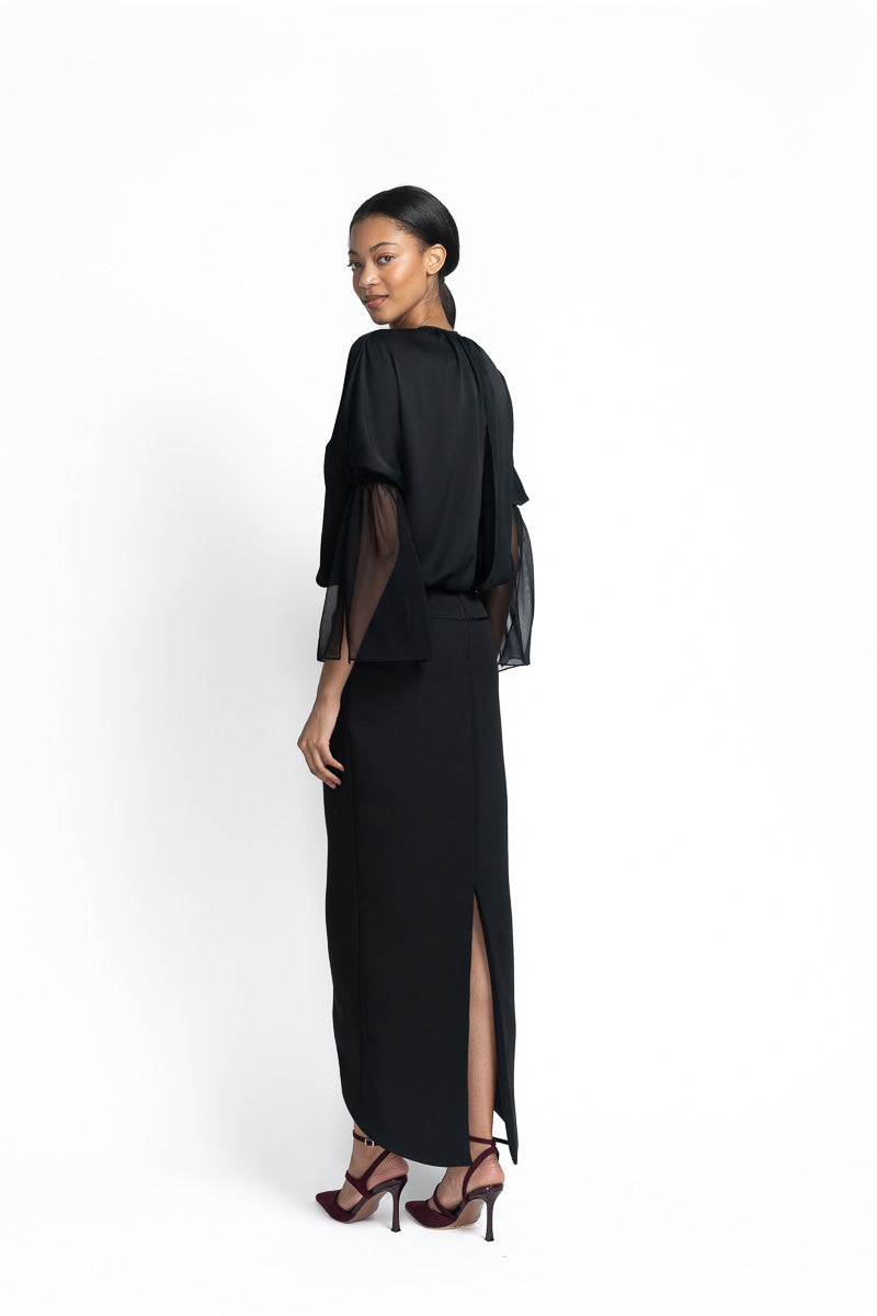 Onyx Satin Crepe and Cady Dress with Petal Hem Side Two