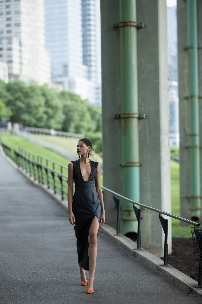 Vegan Leather And Nailhead Hand Embroidered Sequins Cocktail Dress Vegan Leather And Nailhead Hand Embroidered Sequins Cocktail Dress