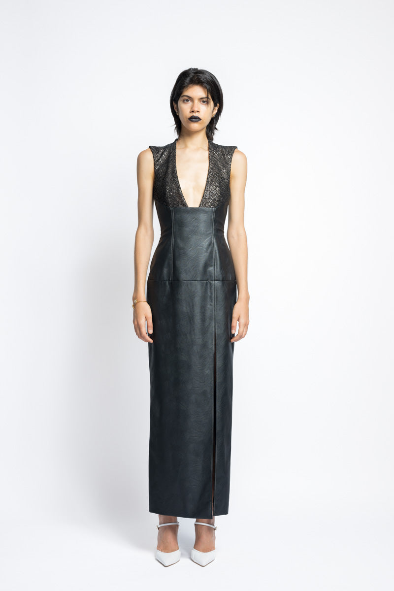 Vegan Leather And Nailhead Hand Embroidered Sequins Cocktail Dress 2