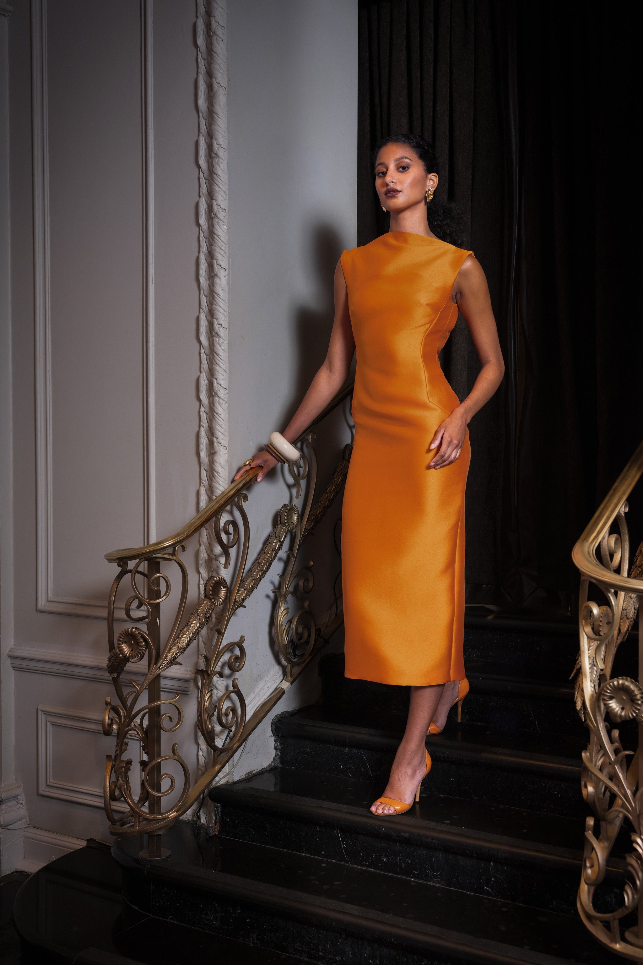 tangerine formal dress Gazar Boat Neck Sheath with Plunge Back Bauhaus Style Garment Creates movement and drama Crock Pot Dressing {Farmhouse Size:16 / 35