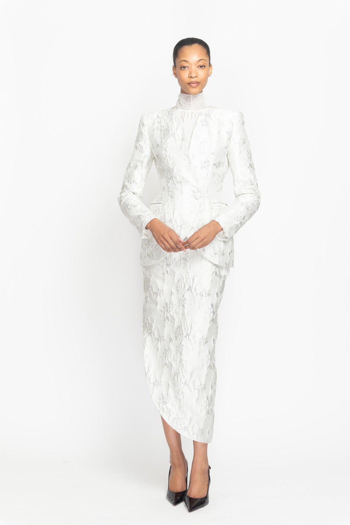 Whisper Bloom Jacquard Arched Neck Blazer Front