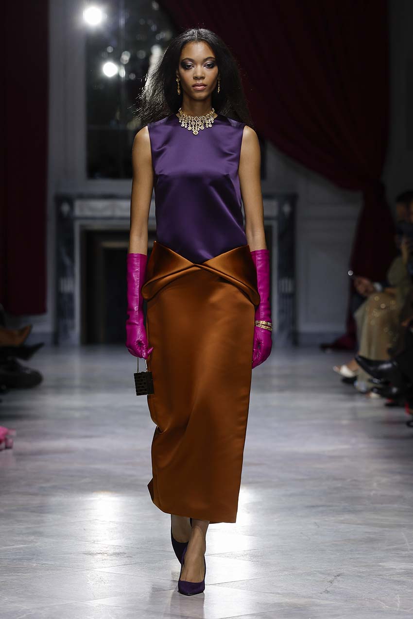 Amethyst and Copper Double Duchess Dress with Iris Drape Front Runway