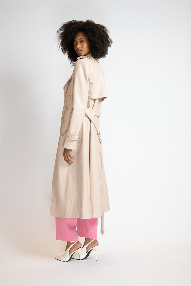 Buff Vegan Leather Trench Coat 4