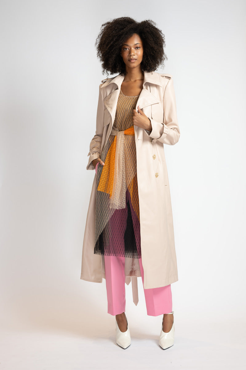 Buff Vegan Leather Trench Coat 1