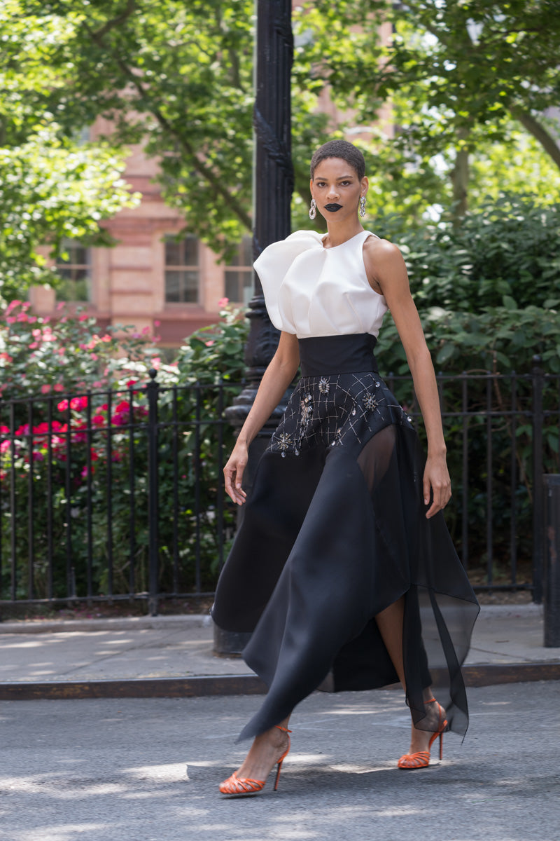 Morning Glory Crystal Embroidery Gazar And Organza Flared Skirt 1