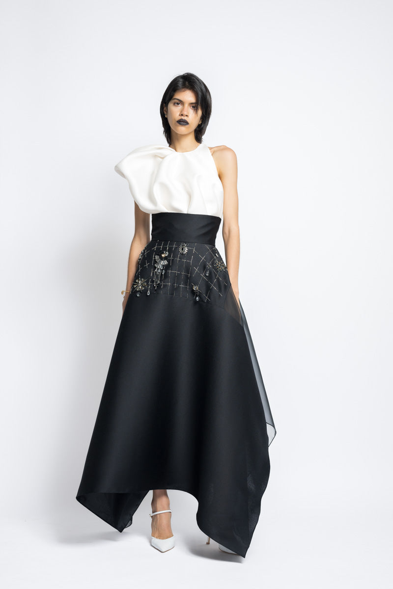 Morning Glory Crystal Embroidery Gazar And Organza Flared Skirt 3