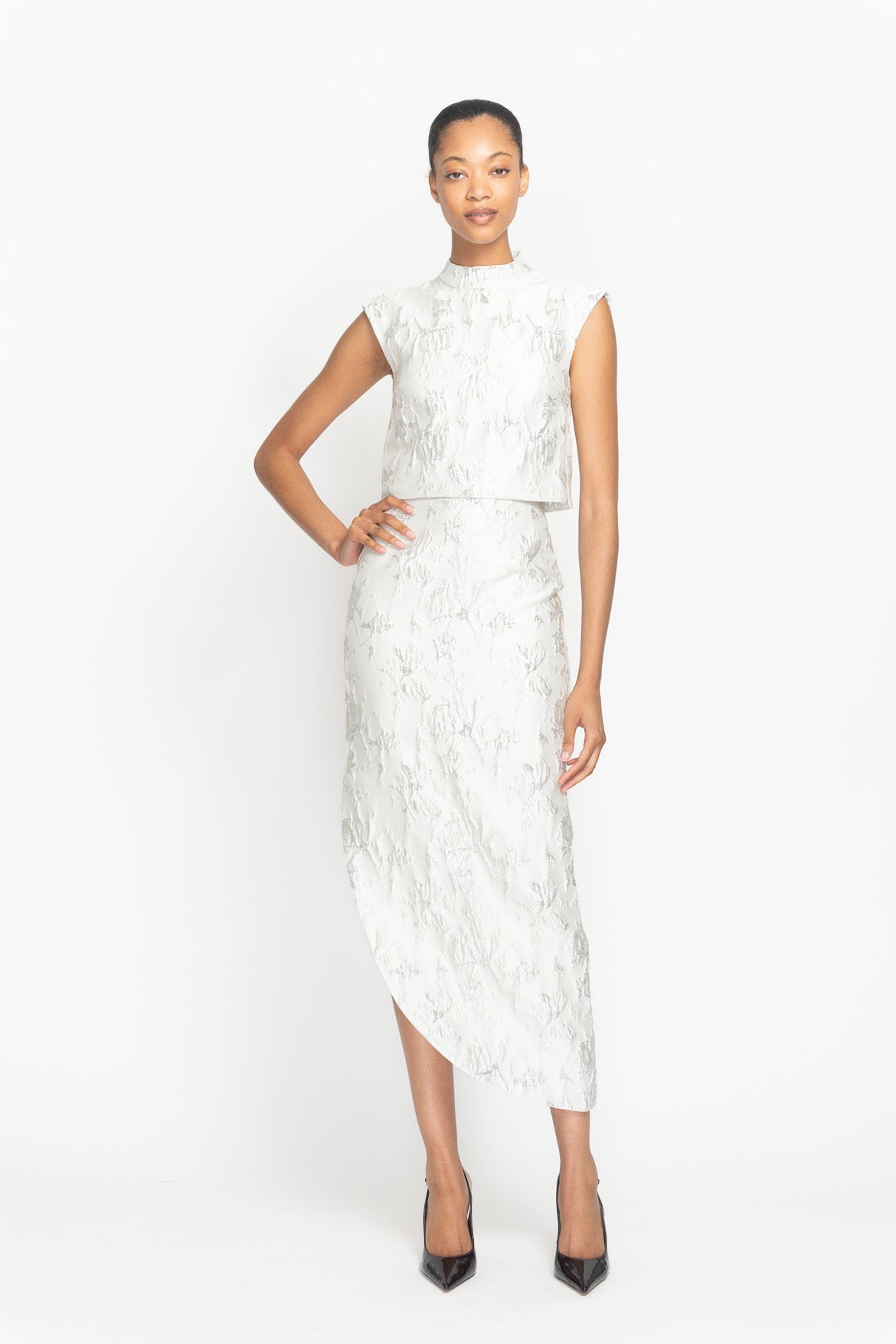 Whisper Bloom Jacquard Curved Hem Pencil Skirt Front