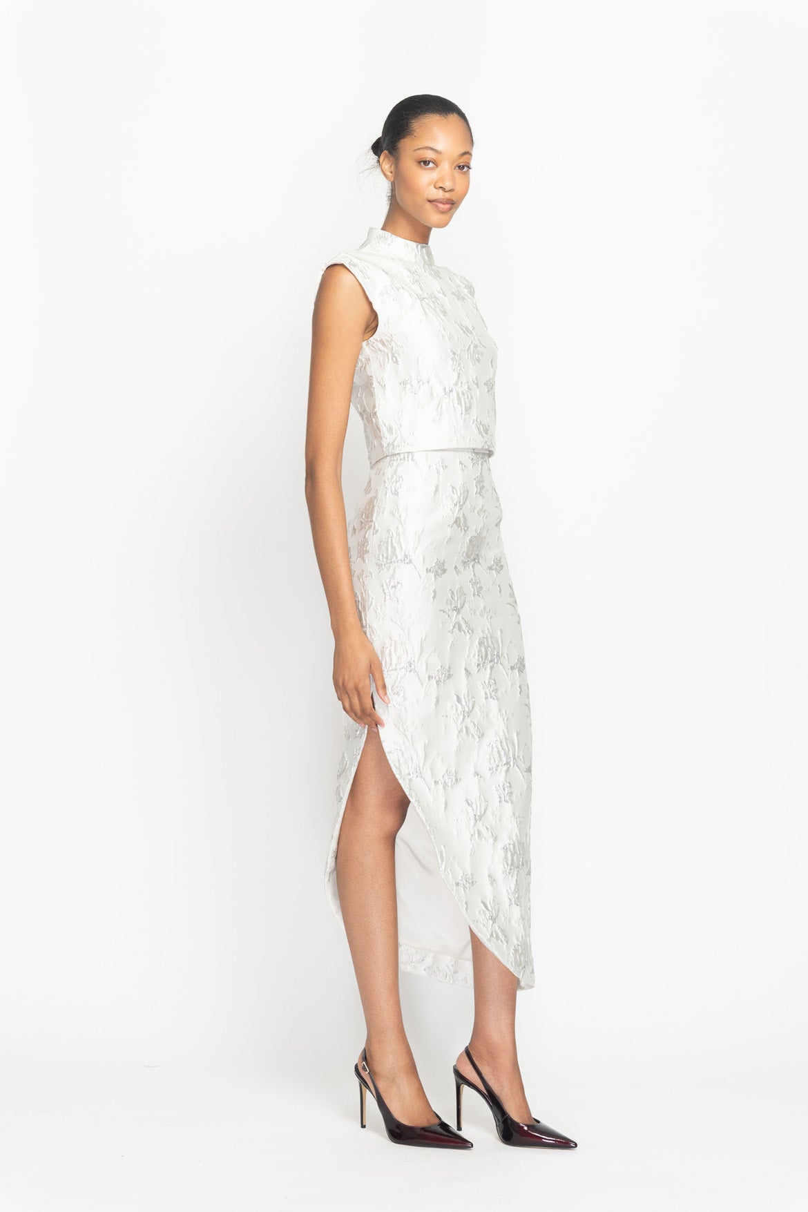 Whisper Bloom Jacquard Curved Hem Pencil Skirt Side One
