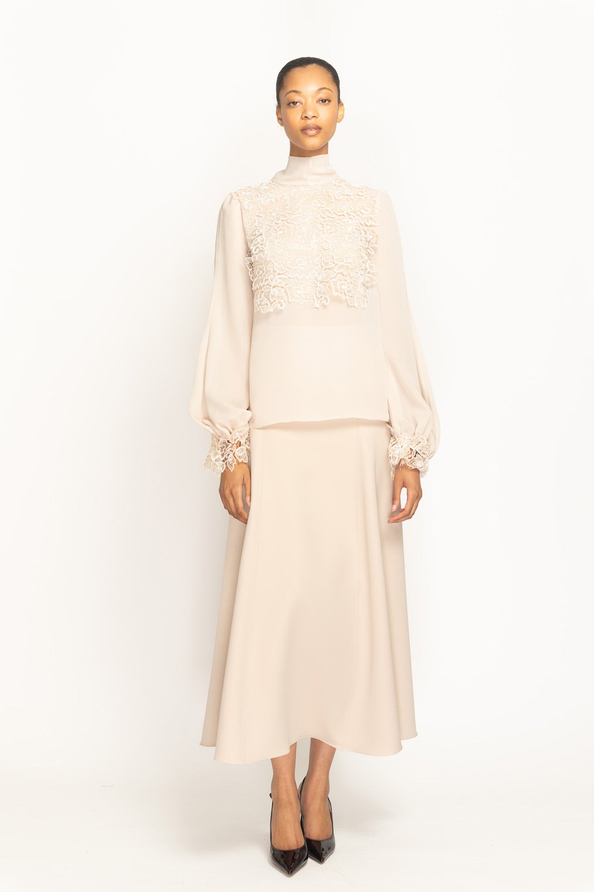 Almond Georgette Blouse with Belle Fleur Lace Bib Front